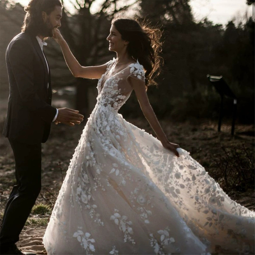 ZARA Spring Lace Deep V Neck Wedding Dress Full Skirt